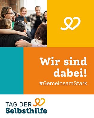Ein Plakat zur Aktion Tag der Selbsthilfe mit dem Logo und einer Gruppe Menschen